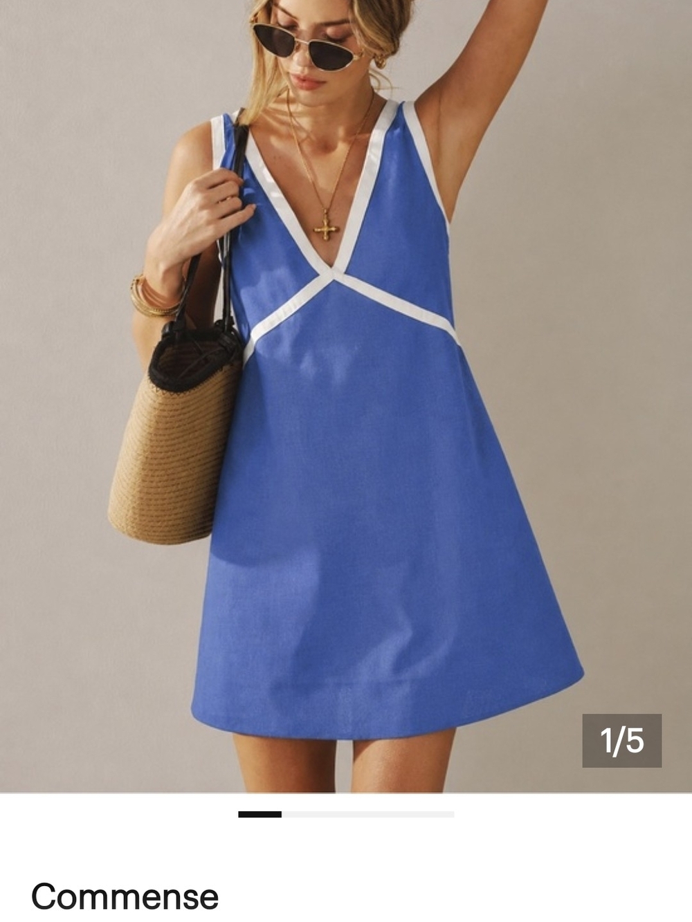 Commense Royal Blue V-Neck Mini Dress with White Trim
